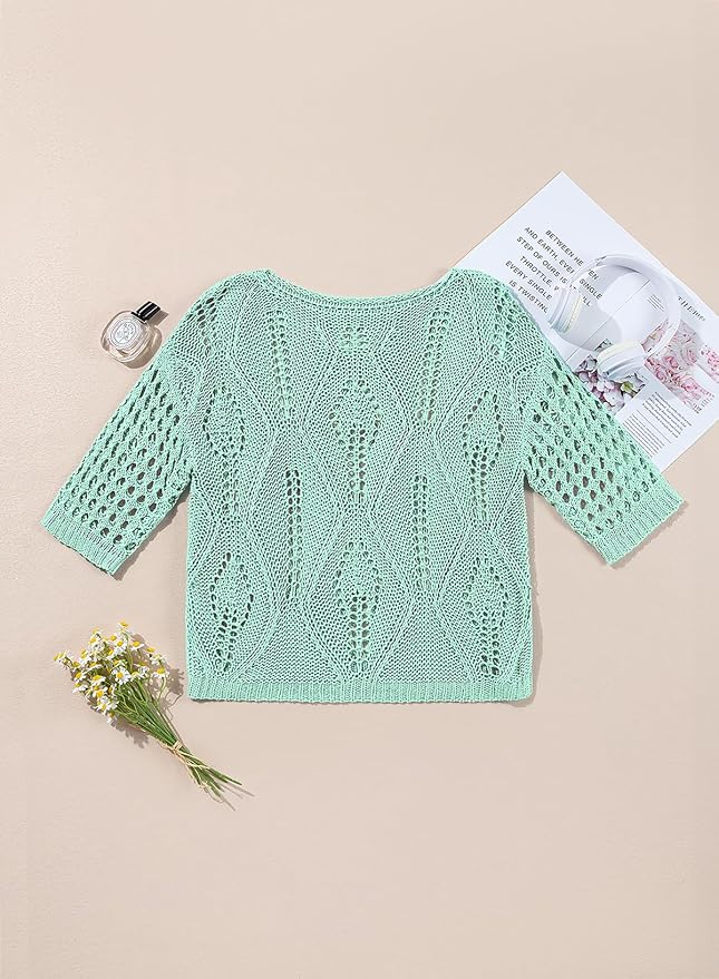 EVALESS Womens Crochet Hollow Out Knit Tops Half Sleeve Spring Summer Sweaters Beach Cover Ups for Women Trendy 2026