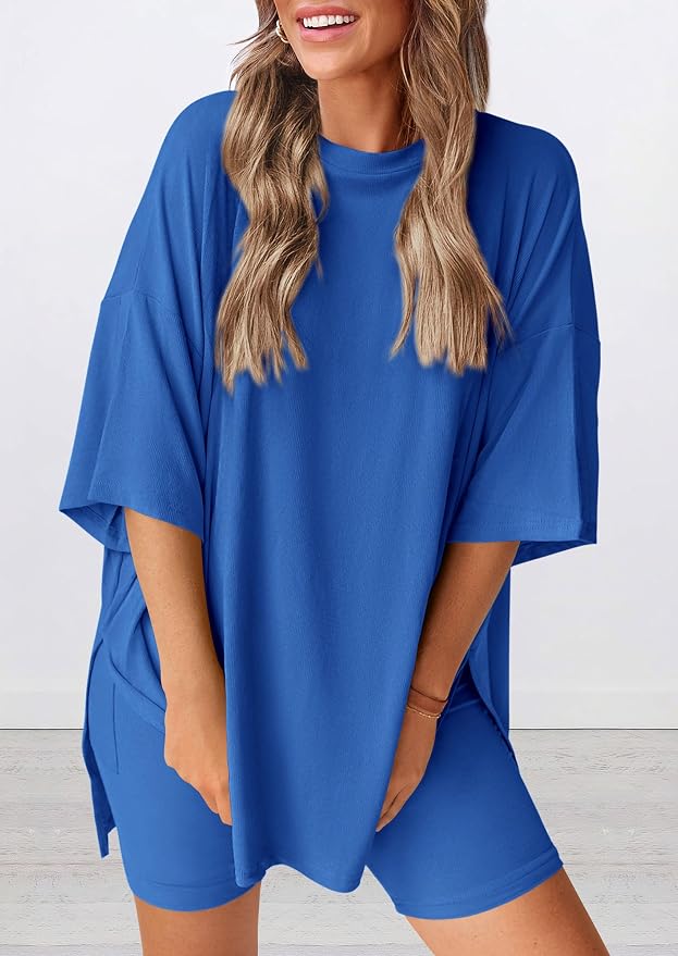 PRETTYGARDEN Women 2 Piece Lounge Set 2026 Summer Casual Oversized Shirts Biker Shorts Matching Airport Travel Outfit Clothes