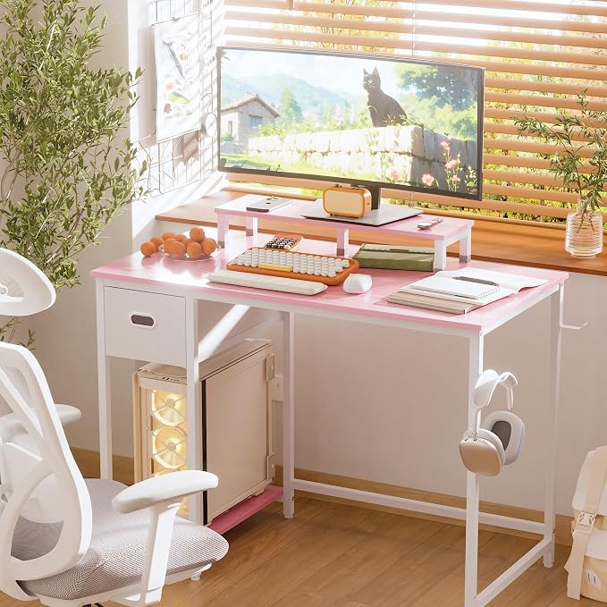 Pamray 39 Inch Small Computer Desk with Monitor Stand and Drawer for Gaming | Small Gaming Desk, for Bedroom Small Spaces, Home Office, Dorm and Apartment, for Writing, Study and Working
