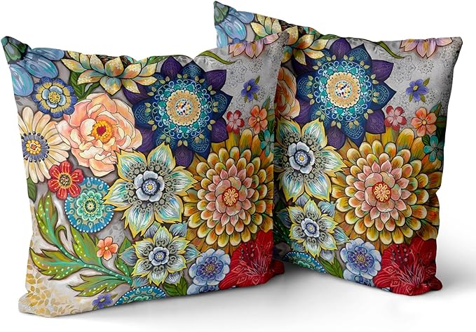 Snycler Boho Floral Throw Pillow Covers Set of 2 Colorful Boho Flower Decorative Cushions Pillowcase for Bedroom Sofa Home Decor, 26x26 Inch, Velvet, Short Plush