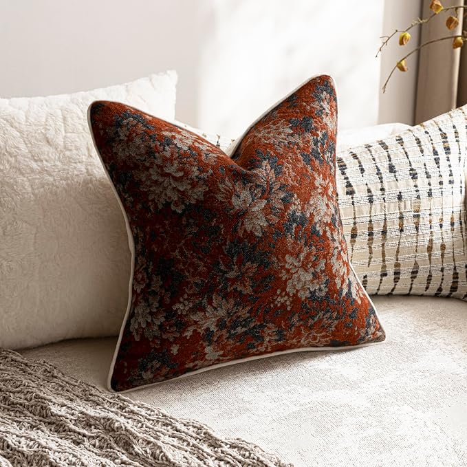 Pack of 2 Vintage Floral Throw Pillow Covers 22x22 Boho Farmhouse Accents Chenille Square Decorative Pillow Cases for Living Room Couch Bed Home Decor, Rust