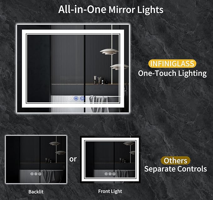 60"x28" LED Bathroom Mirror with Anti-Fog, Stepless Dimmable Lights, 3 Color Modes, Shatter-Proof Tempered Glass,Waterproof Design