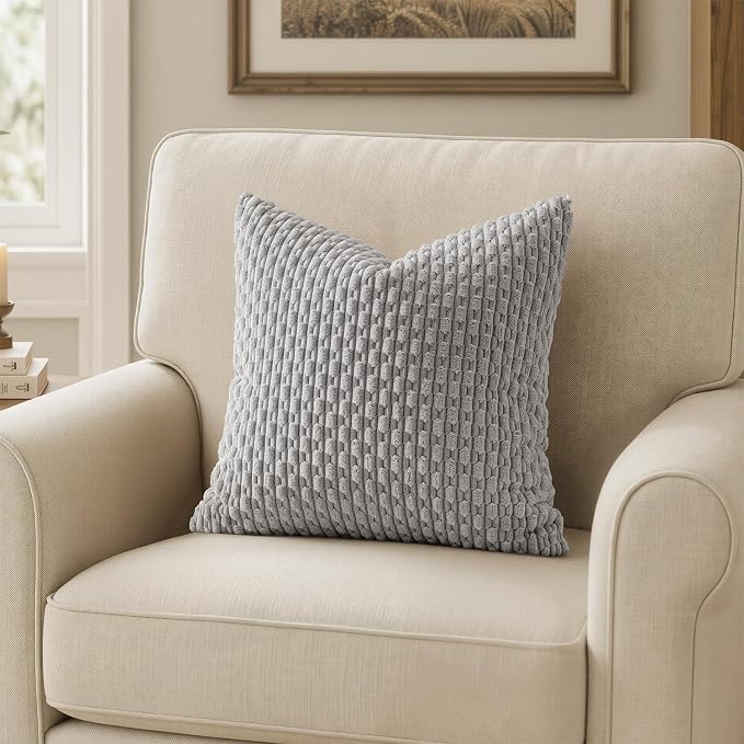 MIULEE Decorative Throw Pillow Covers 18x18 Light Grey Textured Corduroy | Pack of 2 Striped Pillow Covers Modern Farmhouse Home Decor for Couch Bed Sofa Living Room