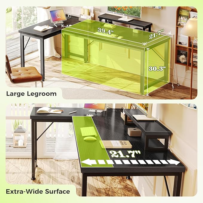 PRAISUN 53" L Shaped Computer Desk, Power Outlets, Monitor Stand, Black | USB-C Ports, Reversible Charging Station, Spacious Desktop & Legroom, 0.94 Inch Thick Desktop, for Gaming, Study & Work