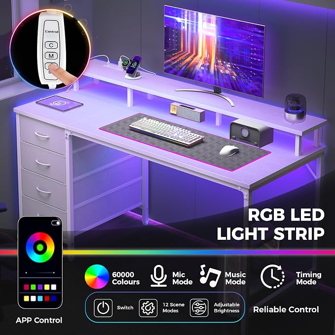 DUMOS 47-Inch Gaming Desk with Power Outlets and LED Lights, White | Computer Desk with 4 Storage Drawers, Home Office Desk with Monitor Stand, Small Desk for Bedroom Study