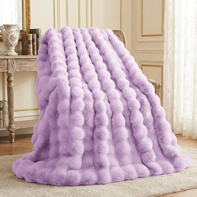 L'AGRATY Faux Rabbit Fur Throw Blanket for Couch, 50'' x 60'', Purple | Soft Cozy Bubble Fluffy Blanket for Sofa Bed, Thick Warm Plush Fuzzy Throw for Room Home Decor, Luxury Gift for Women Mom