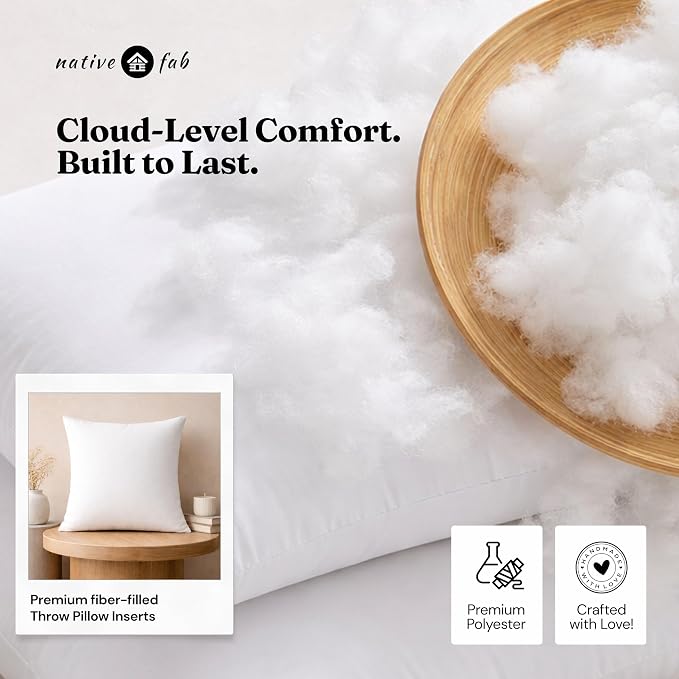 Native Fab Square Pillow Inserts, Pack of 4, 16x16 Inches, White Polyester, Fluffy Decorative Throw Cushions for Sofa, Bedroom, Lounge, Chair, Soft Support & Elegant Home Décor Accent