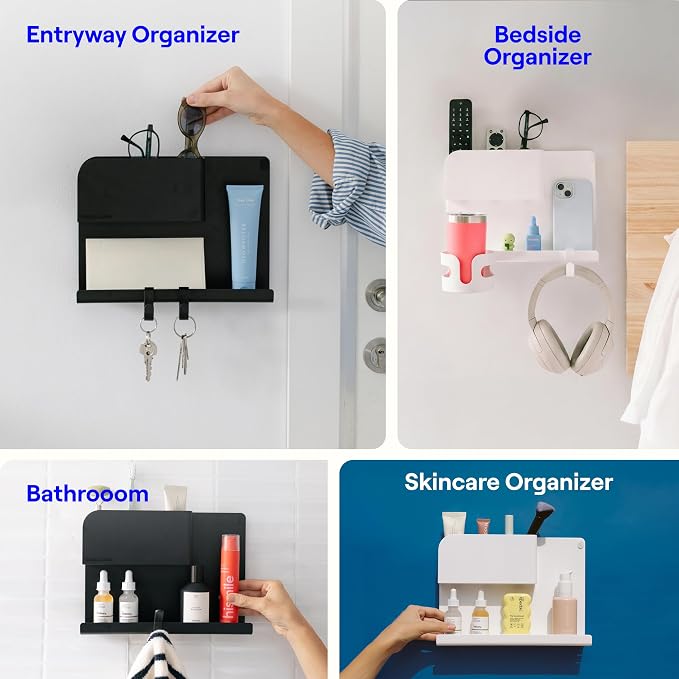 WallShelfie Bedside Wall Organizer & Dorm Decor for Dorm Room - 2.0, White | Dorm Room Essential, Floating Bedside Shelf Wall Mount Organizer, Remote Control Holder, Cool Teen Girls Trendy Stuff