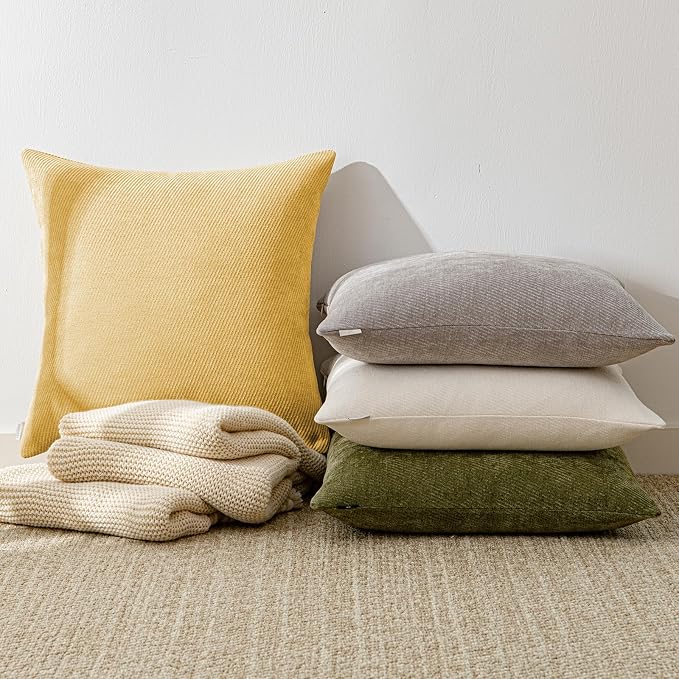 Fall Decorative Throw Pillow Covers Pack of 2,18x18 Inch Mustard Yellow | Twill Chenille Cushion Covers for Sofa Living Room Couch Bed