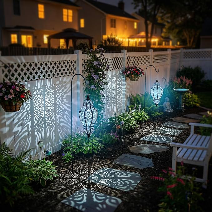Hanging Solar Lights Outdoor Garden Decor Solar Lantern Waterproof Plastic Moroccan Outdoor Decorations for Patio Pathway Yard Backyard Garden Decorative (Black, 2)