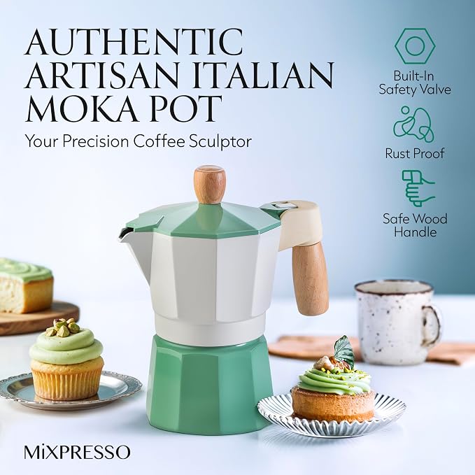 Mixpresso 3 Cup Moka Pot Stovetop Espresso Maker, Italian Cuban Coffee Pot | 5oz aluminum Italian coffee maker for gas and electric stovetops, small design for traditional espresso-style coffee at home