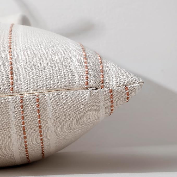 Hckot Terracotta Throw Pillow Covers 16x16 Set of 2 Striped Pillow Covers | Farmhouse Decorative Pillows Textured Linen Square Cushion Covers for Sofa Couch Bed Living Room Decor(Camel)