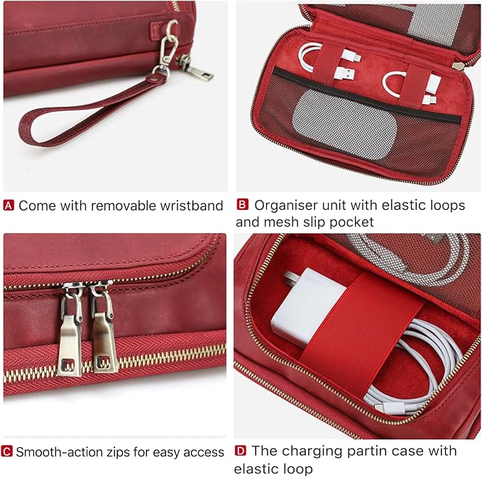 Hiram Handmade Crazy Horse Leather Tech Organizer Travel Case ��� Accessories Organiser Bag for Laptop, Tablet & Cell Phone, Double Compartment Charger Organizer Travel Case Red