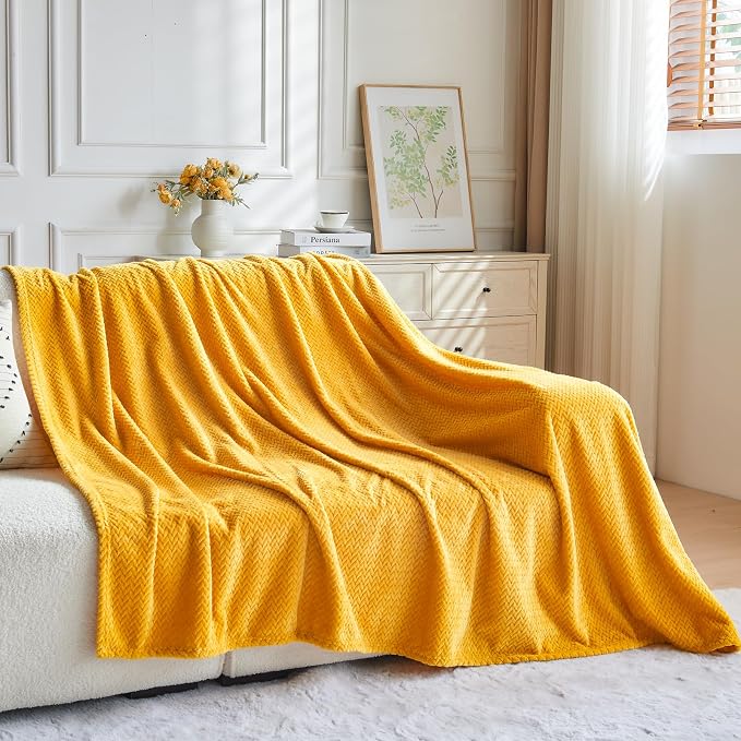 NEWCOSPLAY Fleece Leaves Pattern King Blanket, Mustard Yellow, 90"x110" | Super Soft Throw Blanket, Lightweight Cozy Bed Sofa Blanket, Premium Silky Flannel Fleece, Travel Blanket for All Season Use