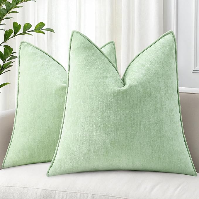decorUhome Chenille Sage Green Velvet Throw Pillow Covers 22x22 Set of 2 | Fall Soft Euro Sham Couch Decorative Modern Farmhouse Pillow Cases with Elegant Design for Sofa Bed Living Room Home Decor