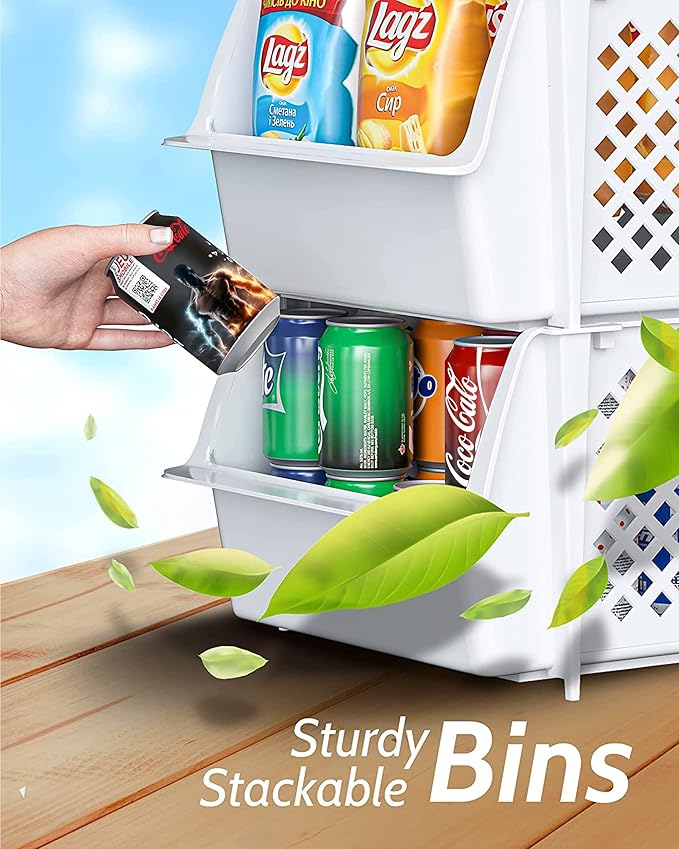 TidyFriend Stackable Storage Bins for Pantry, 4 Pack Stackable Bins For Organizing Food, Kitchen, and Bathroom Essentials (White)