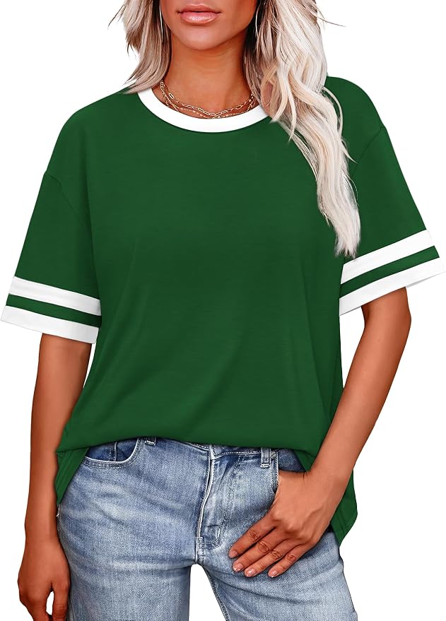 WIHOLL Womens T Shirts Loose Fit Short Sleeve Tees Crew Neck Color Block Summer Tops 2026 Fashion