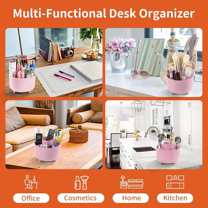 Desk Pencil Pen Holder, 5 Slots 360°Degree Rotating Organizers for Desk, Desktop Storage Stationery Supplies Organizer, Cute Cup Pot Office, School, Home, Art Supply, Pink