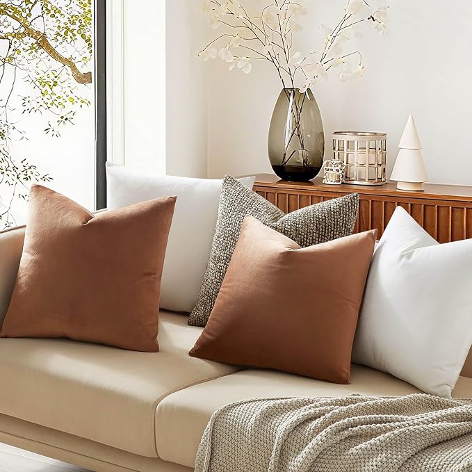 JUSPURBET 28x28 Throw Pillow Covers Set of 2 Decorative Pillow Covers for Couch Sofa Bed Cozy Velvet Cushion Covers Cases with Invisible Zipper for Living Room Home Decor,Mocha Mousse