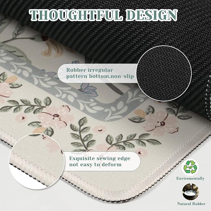 iCasso Aesthetic Mouse pad,23.6x13.7 Desk Pad Mat, Gray Floral | Desk Matt for Desktop, Anti-Slip Mousepad with Stitched Edges for Laptop Computer Keyboard