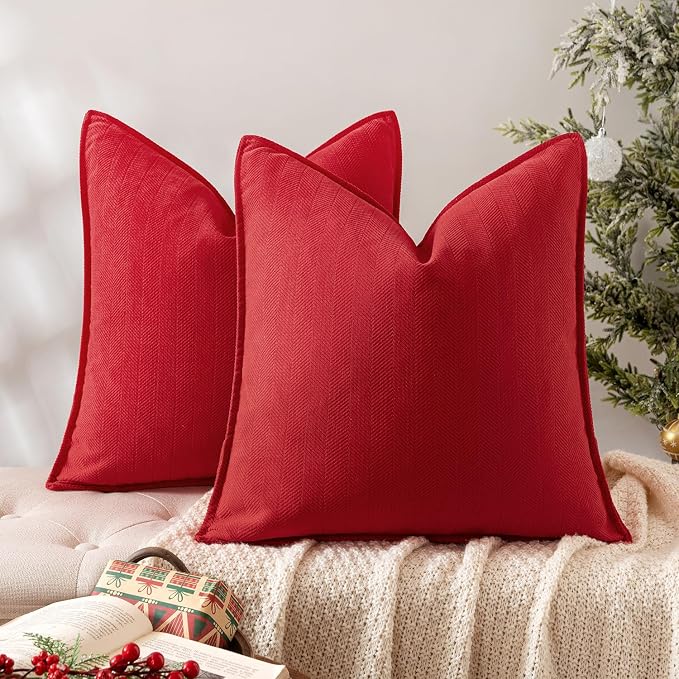 MIULEE Pack of 2 Red Decorative Chenille Pillow Covers 16x16 Inch | Soft Couch Throw Pillows,Farmhouse Cushion Covers with Elegant Design for Sofa,Bedroom,Living Room,Spring Home Decor