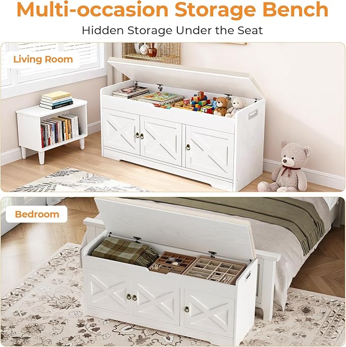 Farmhouse Shoe Storage Bench with Cushion Seat, 3-Tier Entryway Bench with Lift Top Storage and Adjustable Shelf, Bench for Hallway, Bedroom, White