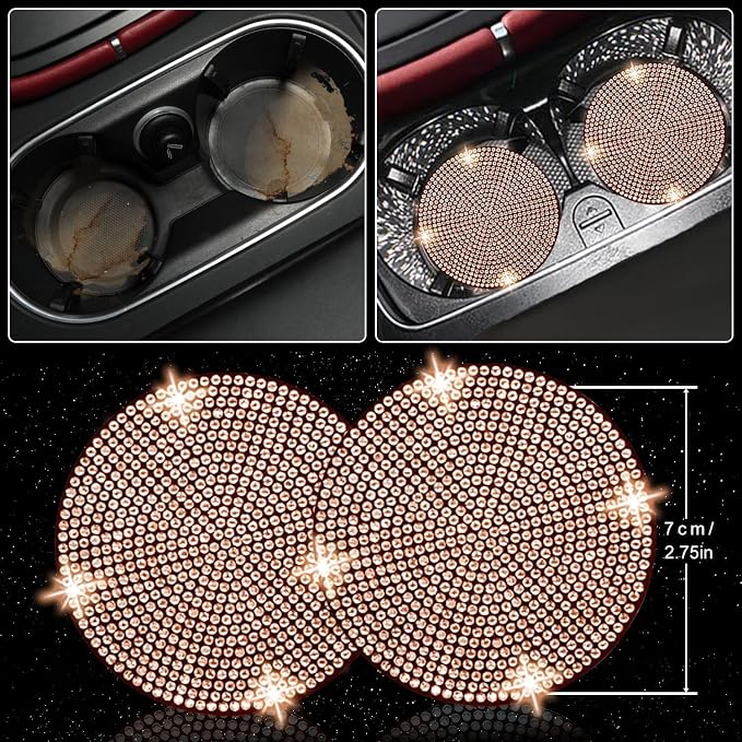 NBTEPEM 27 PCs Gold Champagne Bling Car Accessories Set for Women, Steering Wheel Covers Universal Fit 15 Inch, Bling License Plate Frame, Bling Phone Holder, Bling Car Coasters