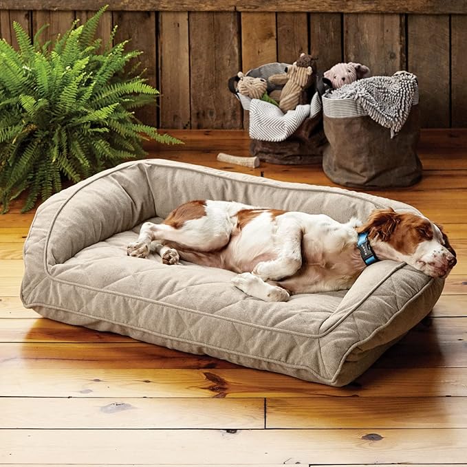 Orvis ComfortFill-Eco Bolster Dog Bed - Plush Rectangular Dog Beds with Three-Sided Bolster for Leaning, Heathered Khaki - L