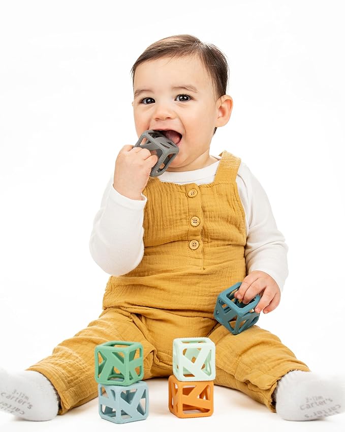 Malarkey Kids Stack N Chew - Mini Cubes Baby Chew Toy Monochrome - Develops Fine Motor Skills, Increases Grip Strength, Stimulates Hand-Eye Coordination (Earthy)