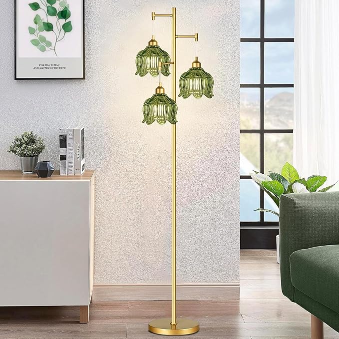 Gold Floor Lamp for Living Room,Bedroom,Mid Century Modern Standing Lamp Brass Tree 3 Light Tall Floor Lamps Vintage Retro Floor Lights Glass Green Flower Lamp Shade Farmhouse Boho Bohemian