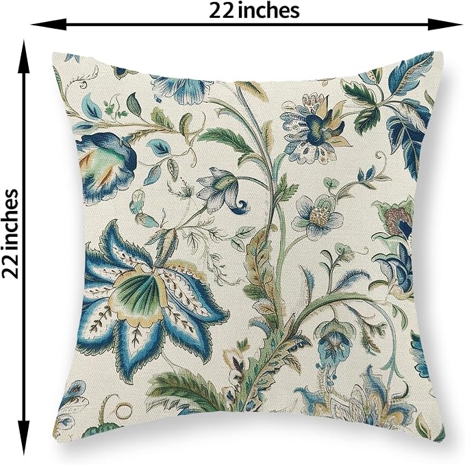 Blue Green Pillow Covers 22x22 Set of 2 Sage Green Chinoiserie Floral Throw Pillows Boho Vintage Flowers Decorative Pillowcase Outdoor Chinoiserie Decor Farmhouse Cushion Case for Couch Sofa