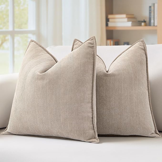 MIULEE Pack of 2 Beige Euro Shams Chenille Pillow Covers 26x26 Inch | Decorative Soft Couch Throw Pillows,Farmhouse Cushion Covers,Elegant Design for Sofa,Bed,Living Room,Summer Decor