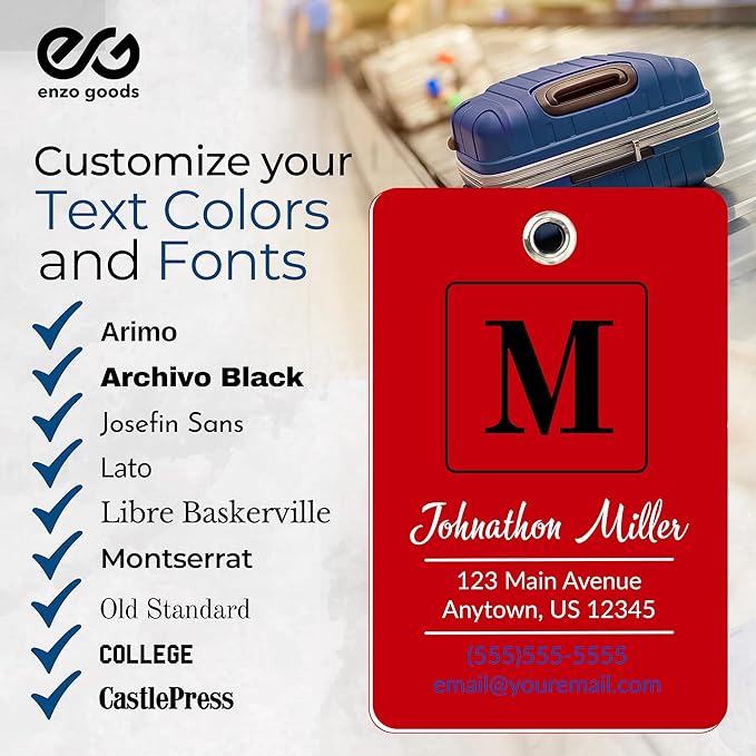 Personalized Luggage Tag | 4 Pack | Custom Luggage Tags for Suitcases | Kids Backpack Tag | 10 Color Options & Choose Font, Font Color