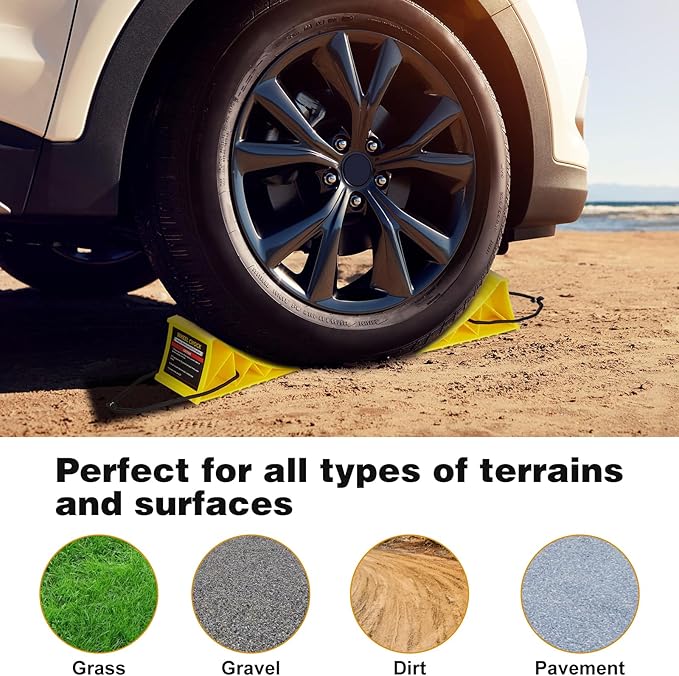 PAHTTO Wheel Chocks, 4Pack Heavy Duty Wheel Chocks with Rope for Easy Removal, Durable, Non-Slip, Hard Plastic Wheel Chocks for, RV, Camper, Effective in Keeping Your Vehicle in Place, Yellow