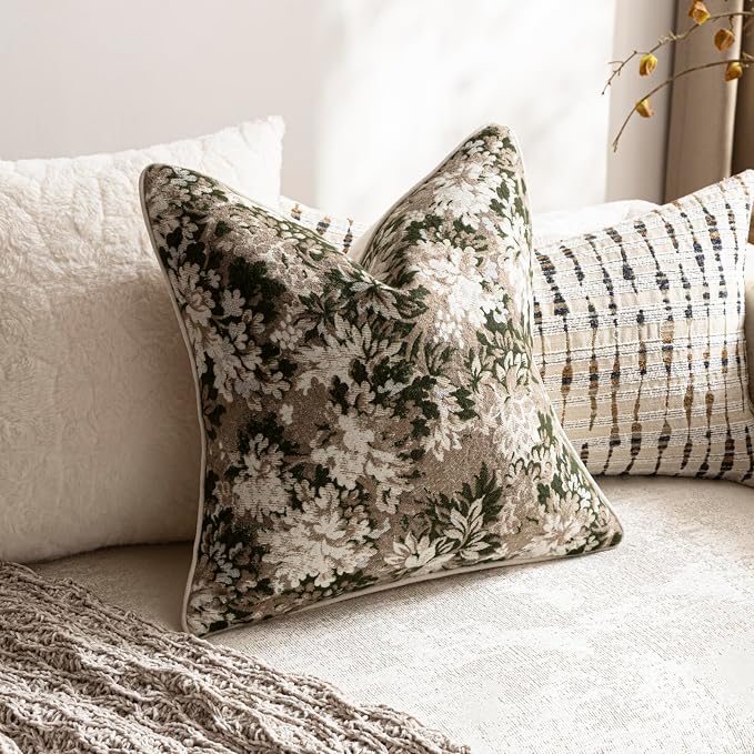 Pack of 2 Vintage Floral Throw Pillow Covers 22x22 Boho Farmhouse Accents Chenille Square Decorative Pillow Cases for Living Room Couch Bed Home Decor, Green and Taupe