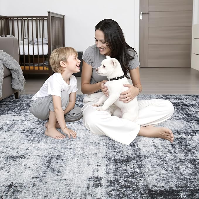 Washable Area Rug 2x3 Entryway Rug: Washable Modern Abstract Soft Thin Rug Indoor Floor No Slip Stain Resistant Carpet for Bedroom Dining Room Farmhouse Nursery Home Office - Dark Black