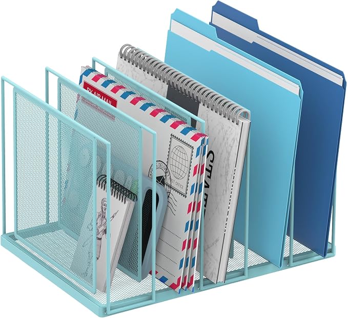 File Organizer for Desk, 5-Section Vertical File Sorter, Paper Holder Organizer Standing Metal File Folder for Office Home Classroom, Blue