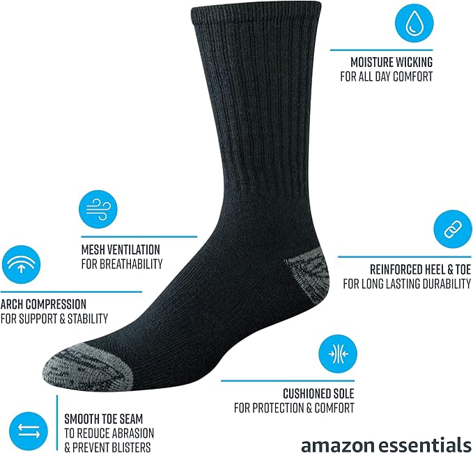 Amazon Essentials Men's Cotton Breathable Cushioned Performance Work Crew Socks, 4 Pairs