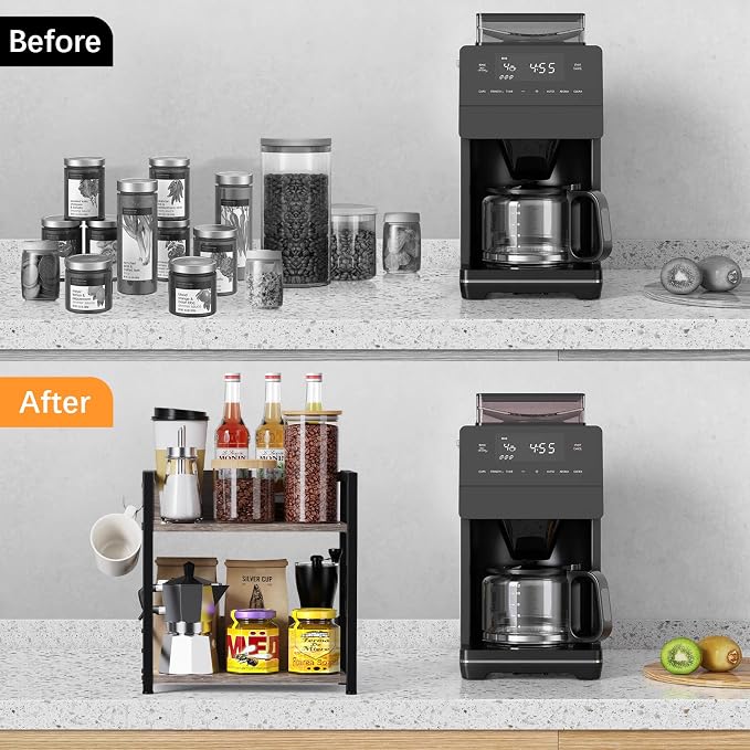 Kitchen Countertop Organizer, Coffee Bar Station Organizer for Countertop, 2 Tiers Kitchen Counter Shelf, Wooden Spice Rack Organizer, Space Saving Desk Shelving Riser Unit
