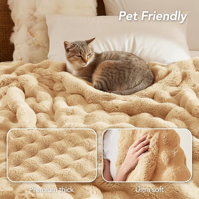 L'AGRATY Faux Rabbit Fur Throw Blanket for Couch, 90''x90'', Milk Tea Brown | Soft Cozy Bubble Fluffy Blanket for Sofa Bed, Thick Warm Plush Fuzzy Throw for Room Home Decor, Luxury Gift for Women Mom