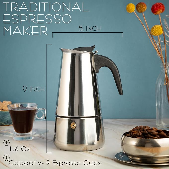 Mixpresso 9 Cup Greca Moka Pot, Stainless Steel Stovetop Espresso Maker | 15oz/450ml Italian stovetop coffee maker with classic percolator design, ideal for preparing coffee at home or while camping