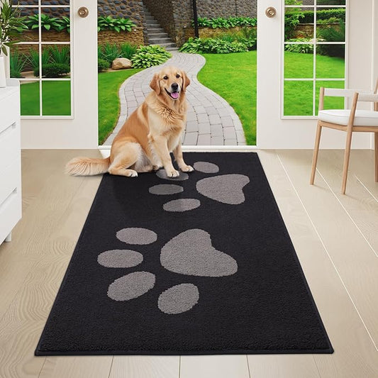 Buganda Dog Door Mat for Muddy Paws, Absorbent Dirt Trapper Washable Indoor Doormats, Non Slip Low-Profile Mud Mat for Dogs, Front Entrance Doormat for Inside Floor (47x24 Inches, Black and Grey)