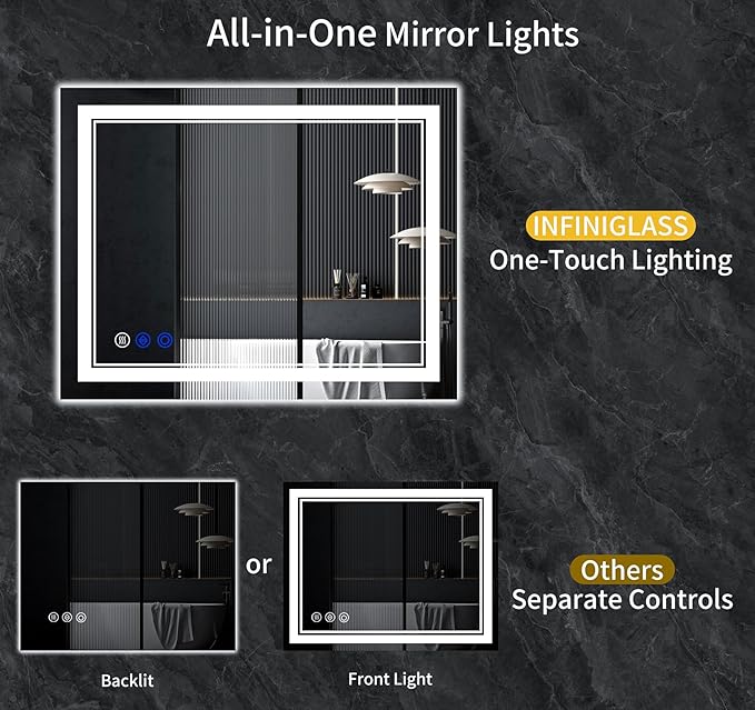 48"x30" LED Bathroom Mirror with Anti-Fog, Stepless Dimmable Lights, 3 Color Modes, Shatter-Proof Tempered Glass,Waterproof Design