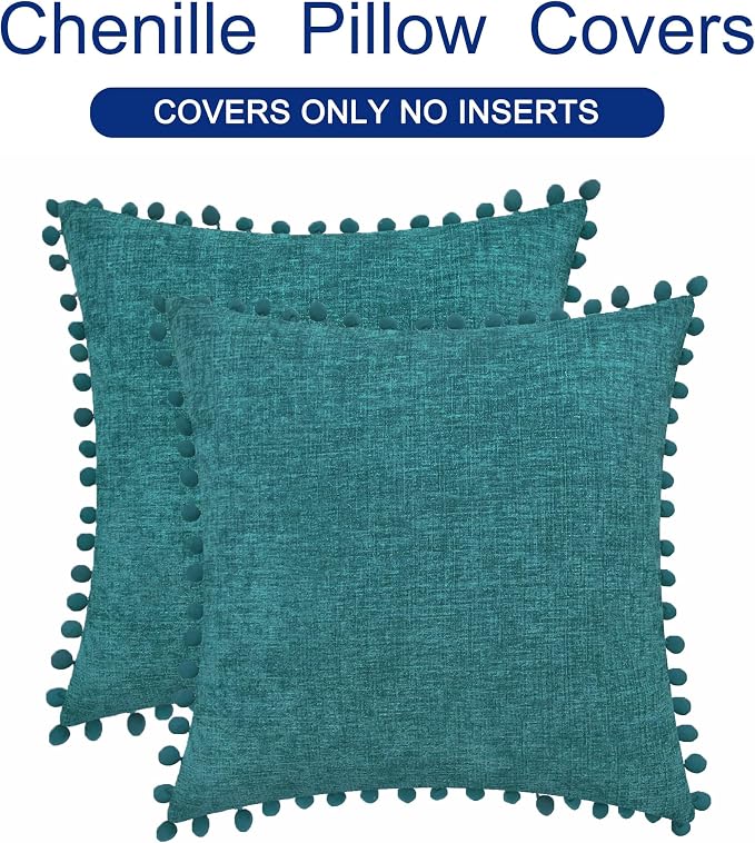 CaliTime Decorative Couch Throw Pillow Covers 18 X 18 Inches Teal | Pack of 2, Cozy Chenille Cushion Cases, with Pom Poms for Sofa Bed Living Room Farmhouse Home