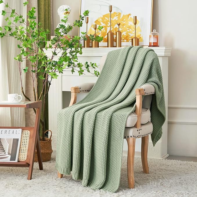 Chunky Cable Knit Throw Blanket Lightweight Light Green 100% Organic Cotton Blanket for Sofa Couch Bed Baby Nursery, Rustic Shabby Chic Modern Farmhouse, 51” x 63” Bonus Laundering Bag