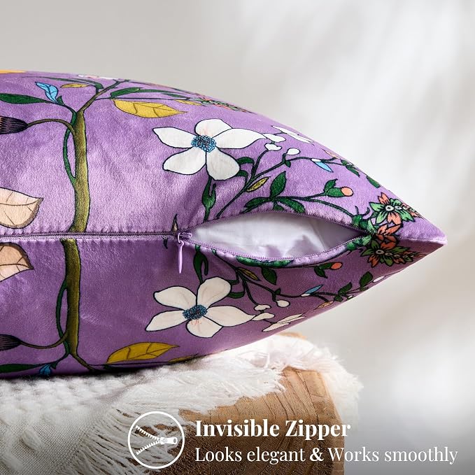 Plum Purple Velvet Floral Decorative 12x20 Lumbar Pillow Covers Set of 2 | Durable and Sturdy,Botanical Printed Pattern,Throw Pillows Case,Rectangle,Colorful Farmhouse,Home Sofa Bed Couch Decor