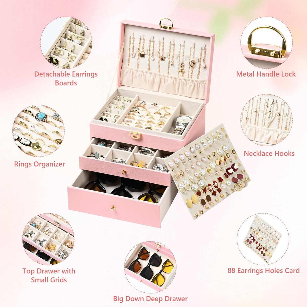 Jewelry Box, 3 Layers Leather Jewelry Storage Display Box for Women, Gift Case, 2 Drawers, Large Capacity for Necklace Earrings Bracelets Rings, Pink