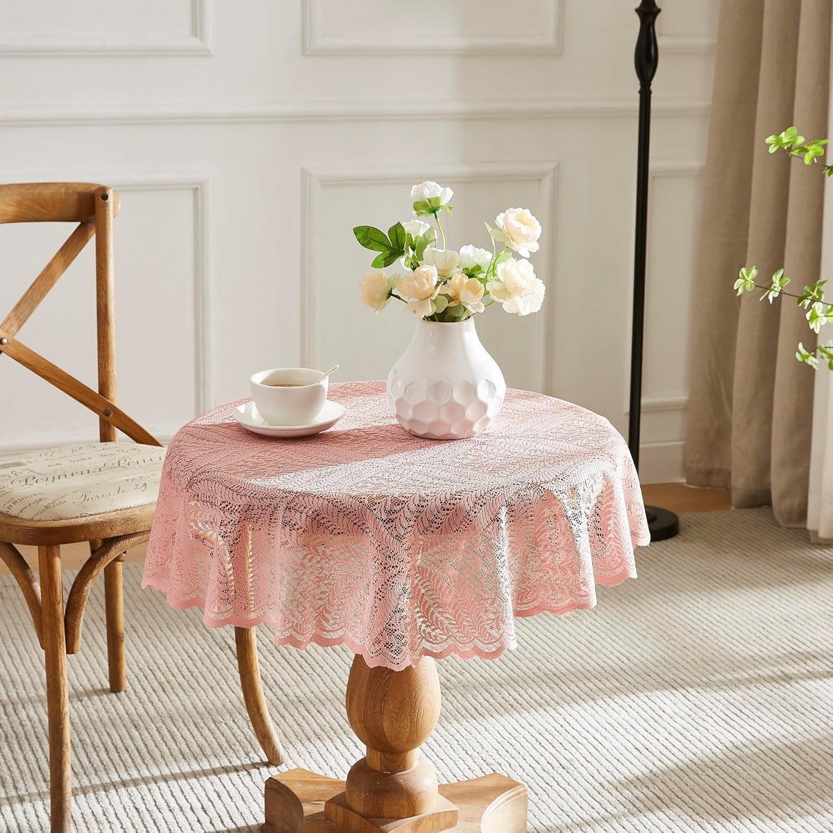 Warm Home Designs Blush Pink Lace Tablecloth. Small Round Tablecloth 48 Inch in Diameter. Floral Table Cloth, Rustic Overlay or Boho Table Cover for Farmhouse Kitchen. AME Blush 48 Round