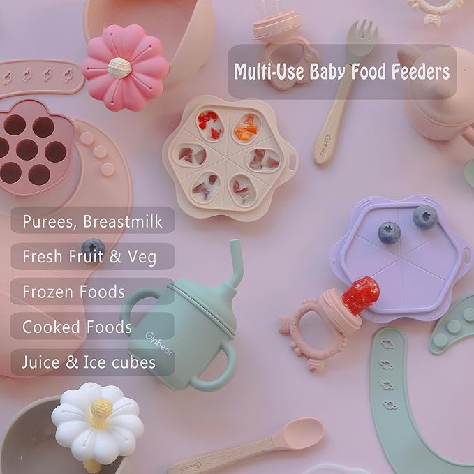 Ginbear Baby Fruit Food Feeder & Popsicle Molds Combo (Set of 2), Silicone Teething Feeders with Freezer Tray for Infants 4 Months+ (Dark Sage/Ivory)