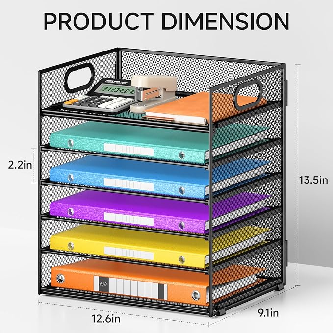 6 Tray Paper Organizer Letter Tray with Handle - Mesh Desk File Organizer, Paper Sorter Organizer for Office, Home or School File Folder Holder -Black